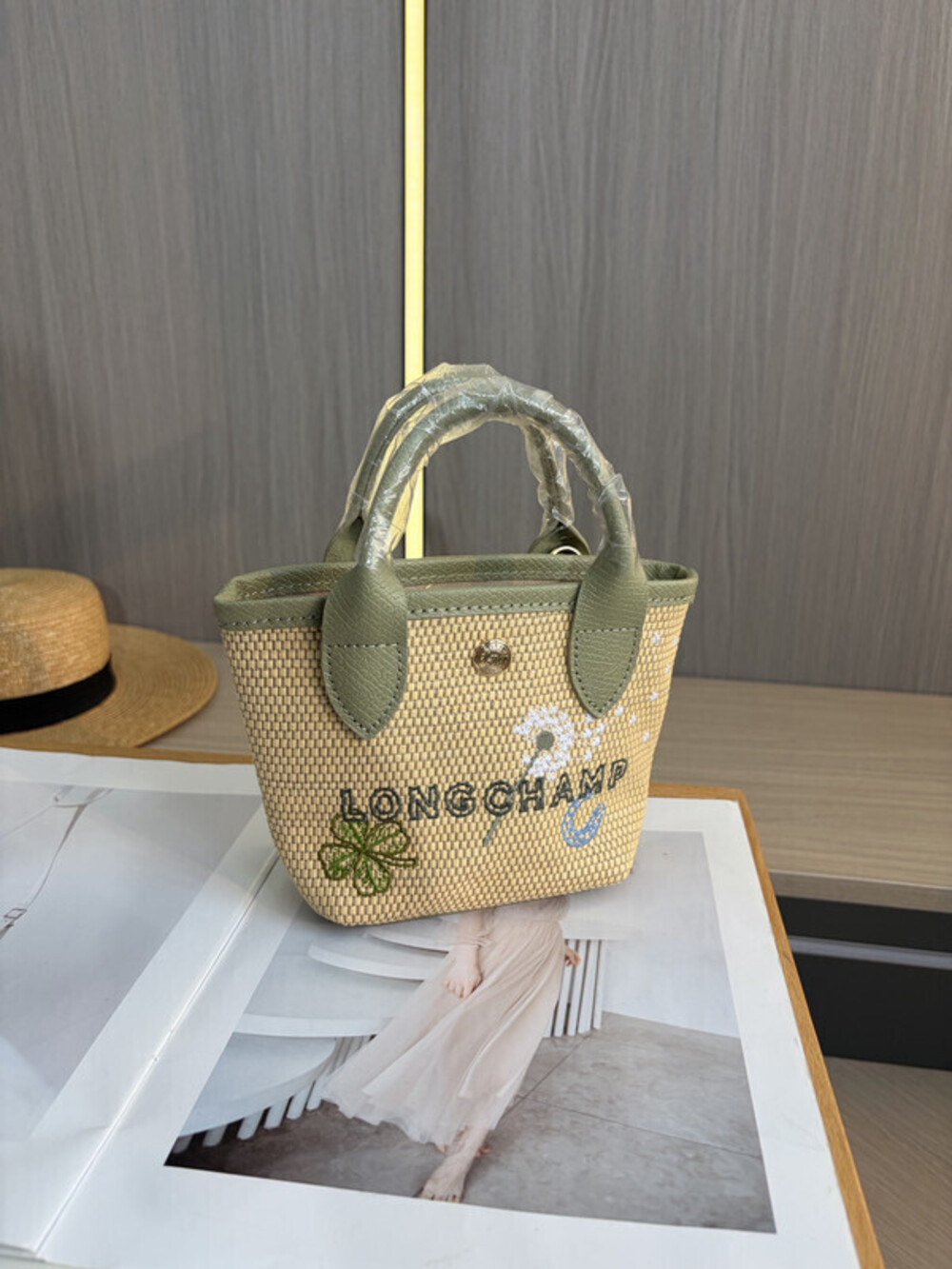 Longchamp Woven Raffia Mini Tote Green Leather Trim